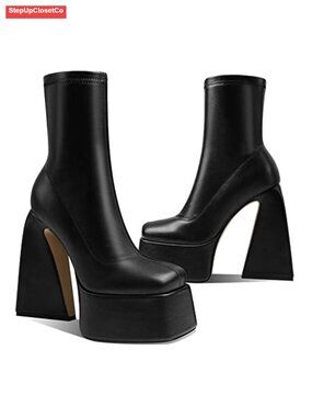 Mid Calf Platform Boots Square Toe Chunky High Heel Side Zipper Faux Leather